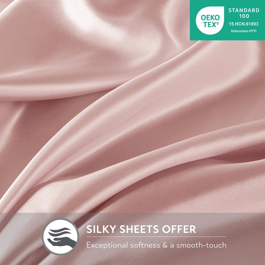 Luxury Satin 6-Piece Sheet Set – Silky Smooth, Wrinkle-Free, OEKO-TEX Certified, Blush Pink (Full, Queen, King, Cal King)
