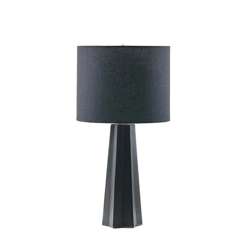 Matte Black Ceramic Fluted Table Lamp with White Linen Shade – Modern Bedroom & Living Room Lighting