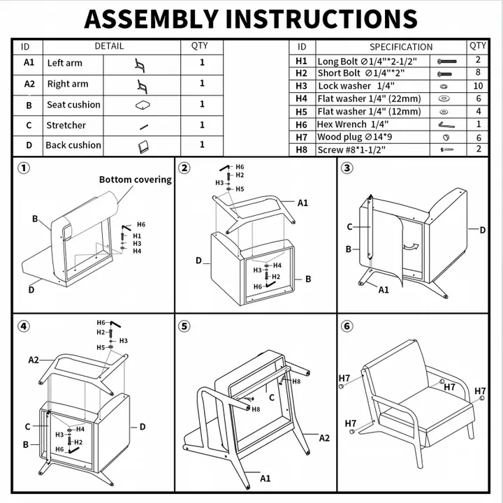 Leisure Armchair Mid-Century Modern Chair – Upholstered Single-Seater Accent Chair with Solid Wood Frame