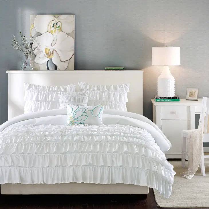 Ruffled Flow 5-Piece Comforter Set, White