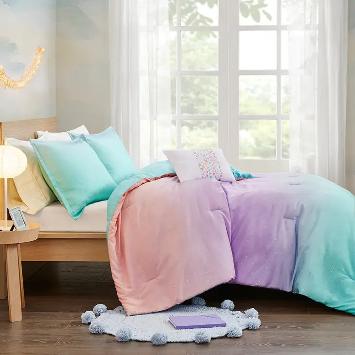 Glitter Ombre 4-Piece Comforter or Duvet Cover Set, Aqua