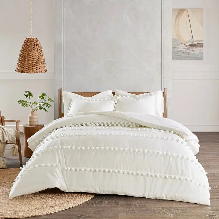 Pom-Pom Trims 3-Piece Comforter or Duvet Cover Set, Ivory