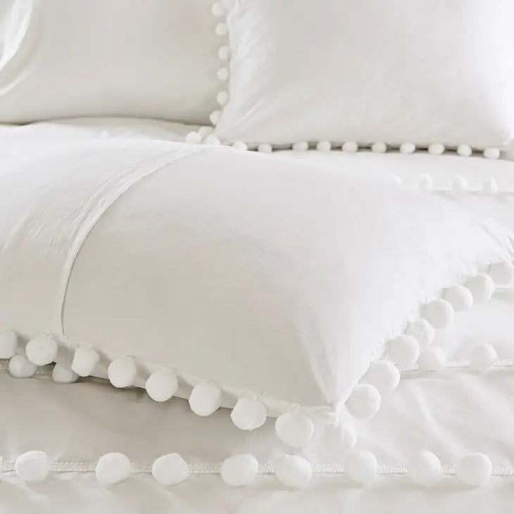 Pom-Pom Trims 3-Piece Comforter or Duvet Cover Set, Ivory