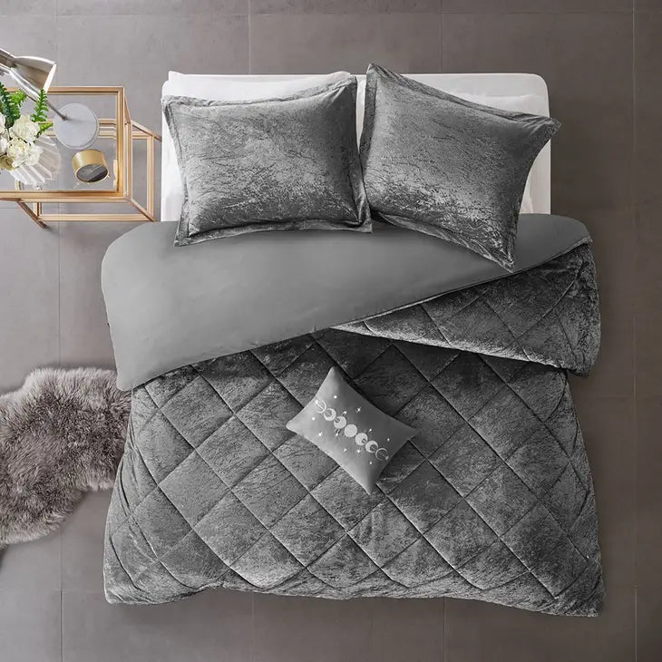 Crushed Velvet 4-Piece Comforter or Duvet Cover Set, Grey