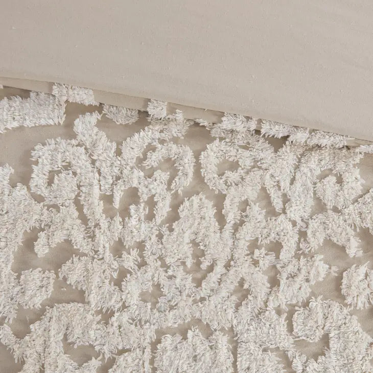 Tufted Chenille Damask Comforter/Duvet Cover Mini Set, Taupe