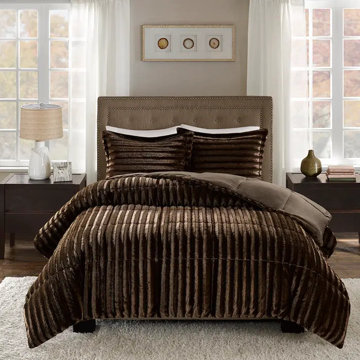 Dux Faux Fur 3-Piece Comforter Mini Set, Chocolate Brown