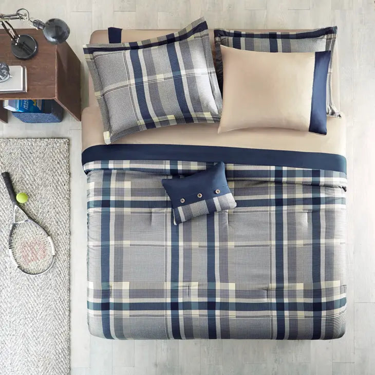 Navy Plaid Complete Comforter and Sheet Set, Blue