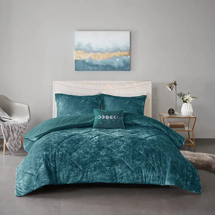 Crushed Velvet 4-Piece Comforter or Duvet Cover Set, Teal
