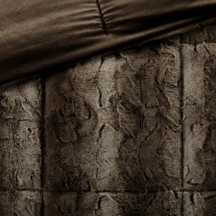 Long Faux Fur 4-Piece Comforter Set, Brown