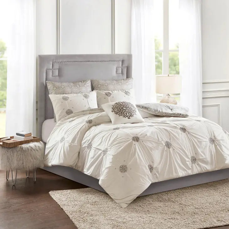 Reversible Embroidered Comforter/Duvet Cover Set, Ivory