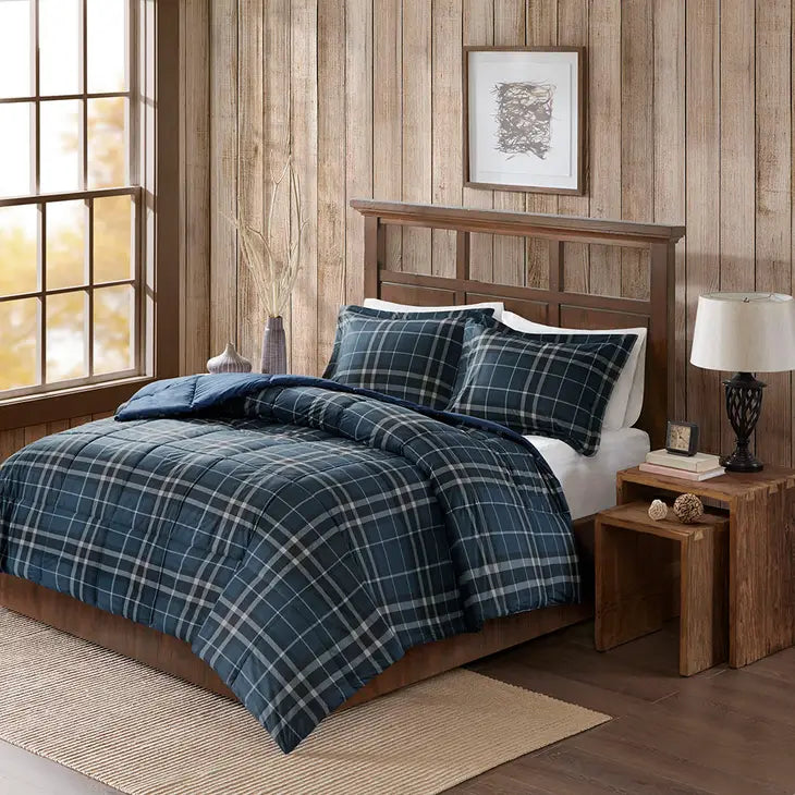 Plaid Soft Spun Comforter Mini Set, Blue/Green