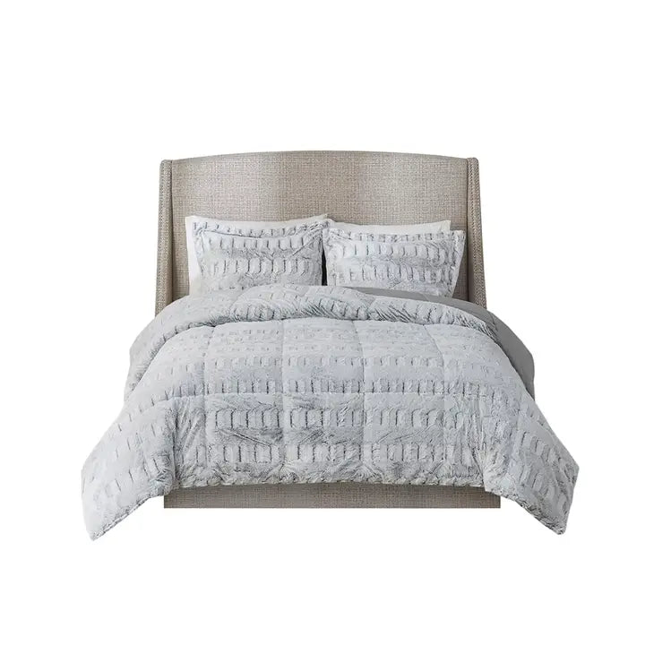 Long Faux Fur Comforter Mini Set, Grey