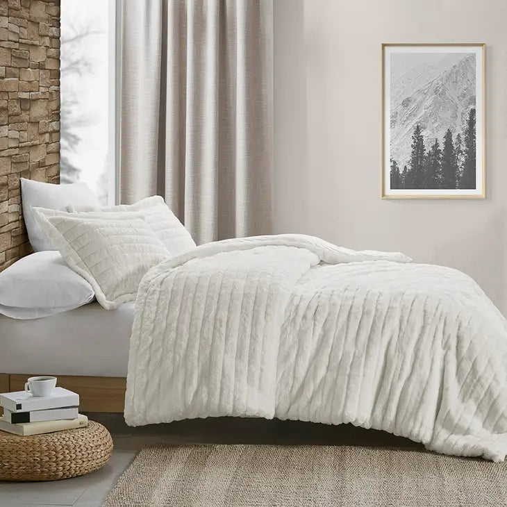 Striped Faux Fur Plush Comforter Mini Set, Ivory