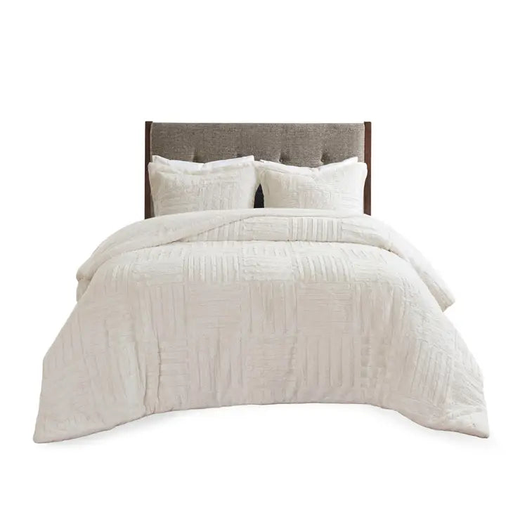 3-Piece Faux Faur Checkbord Comforter Set, Ivory