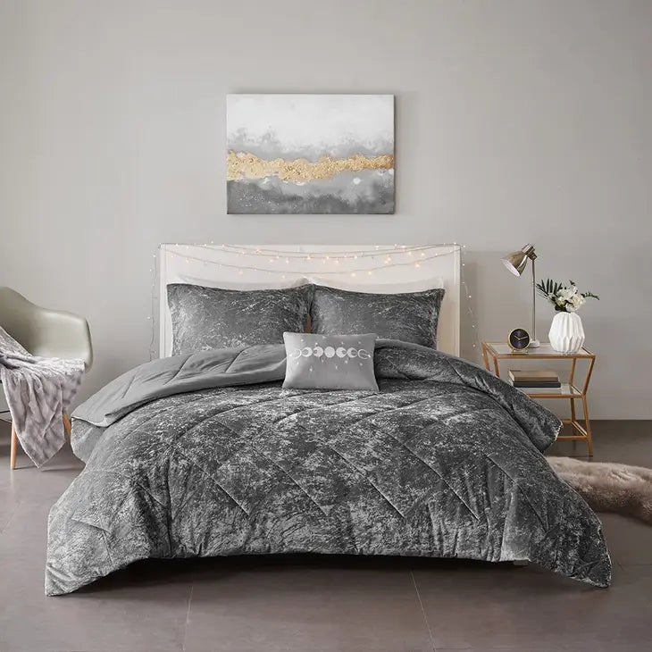 Crushed Velvet 4-Piece Comforter or Duvet Cover Set, Grey