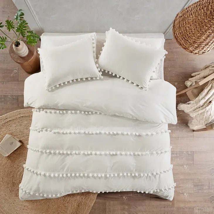 Pom-Pom Trims 3-Piece Comforter or Duvet Cover Set, Ivory