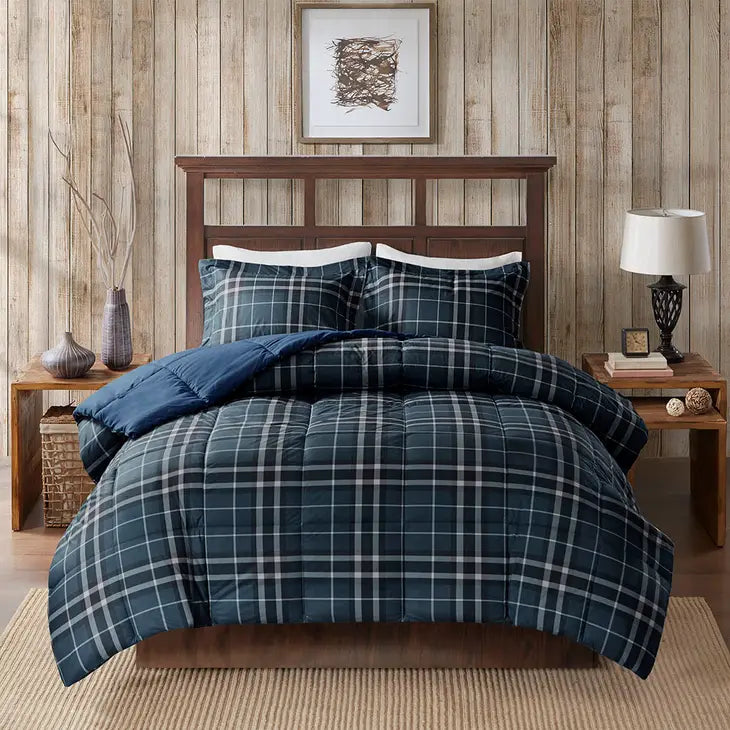 Plaid Soft Spun Comforter Mini Set, Blue/Green