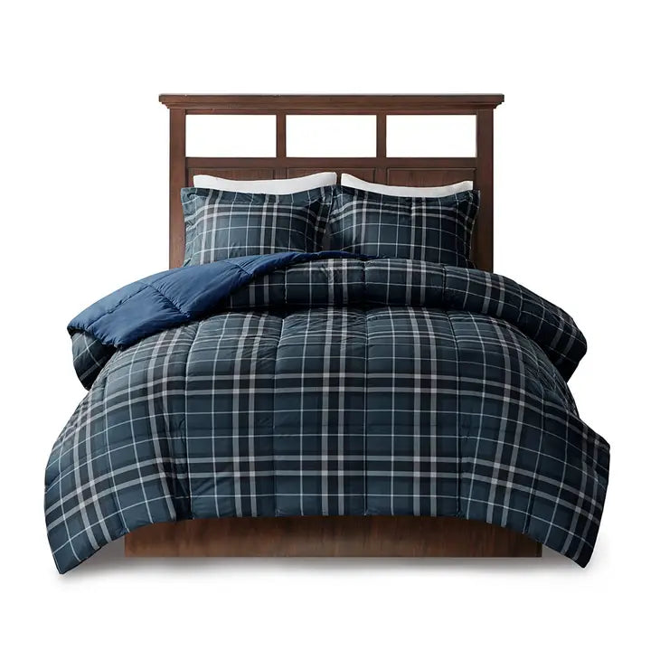 Plaid Soft Spun Comforter Mini Set, Blue/Green