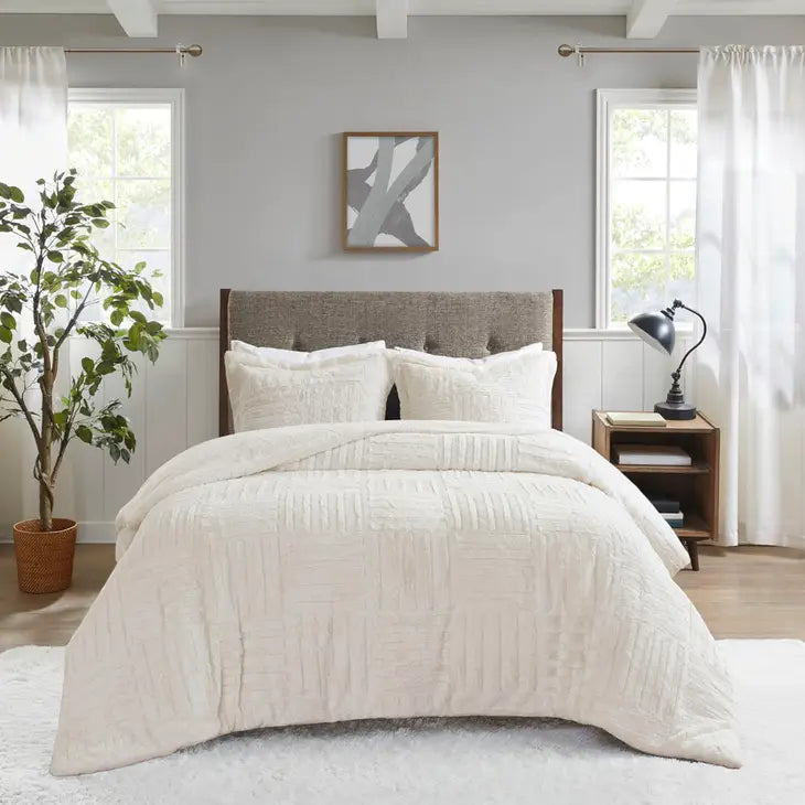 3-Piece Faux Faur Checkbord Comforter Set, Ivory