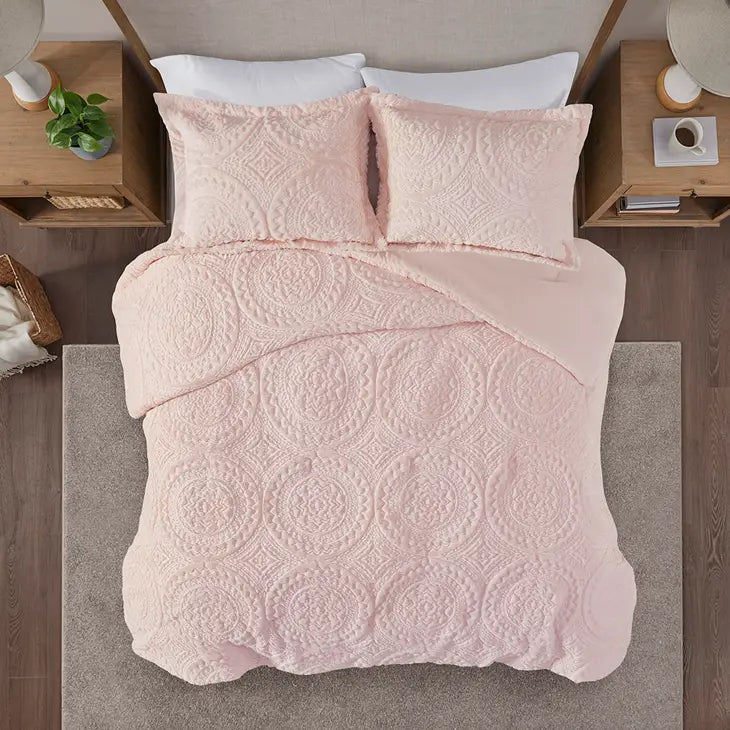 Medallion Faux Fur Plush Comforter Mini Set, Pink
