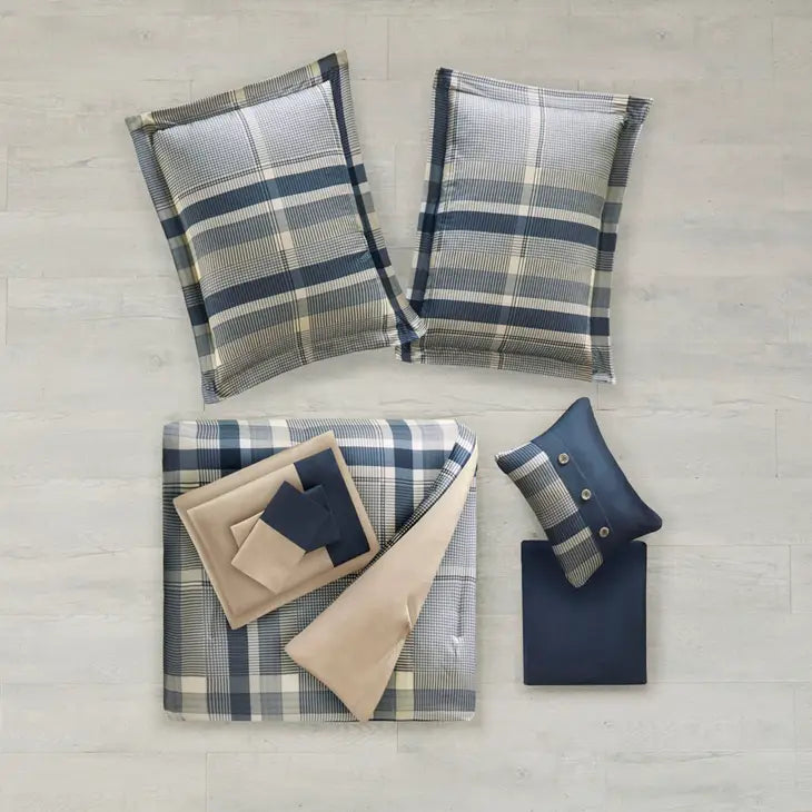 Navy Plaid Complete Comforter and Sheet Set, Blue