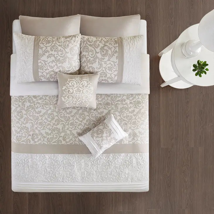 Embroidered Floral 8-Piece Comforter Set, Beige