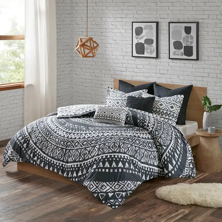 Boho Geo 7-Piece Comforter, Duvet Cover, Coverlet Set, Black