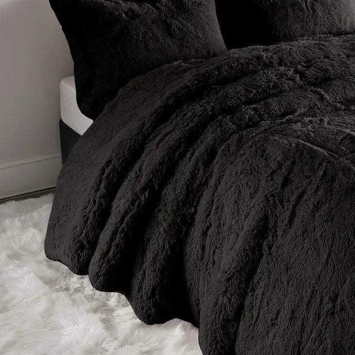 Shaggy Fur 3-Piece Comforter/Duvet Cover Set, Black
