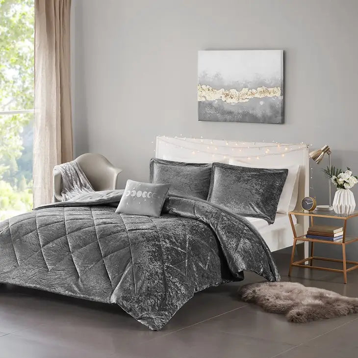 Crushed Velvet 4-Piece Comforter or Duvet Cover Set, Grey