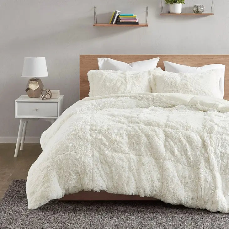 Shaggy Fur 3-Piece Comforter or Duvet Cover Set, White