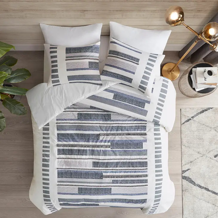 Cotton Percale Fringed Comforter/Duvet Cover Set, Navy