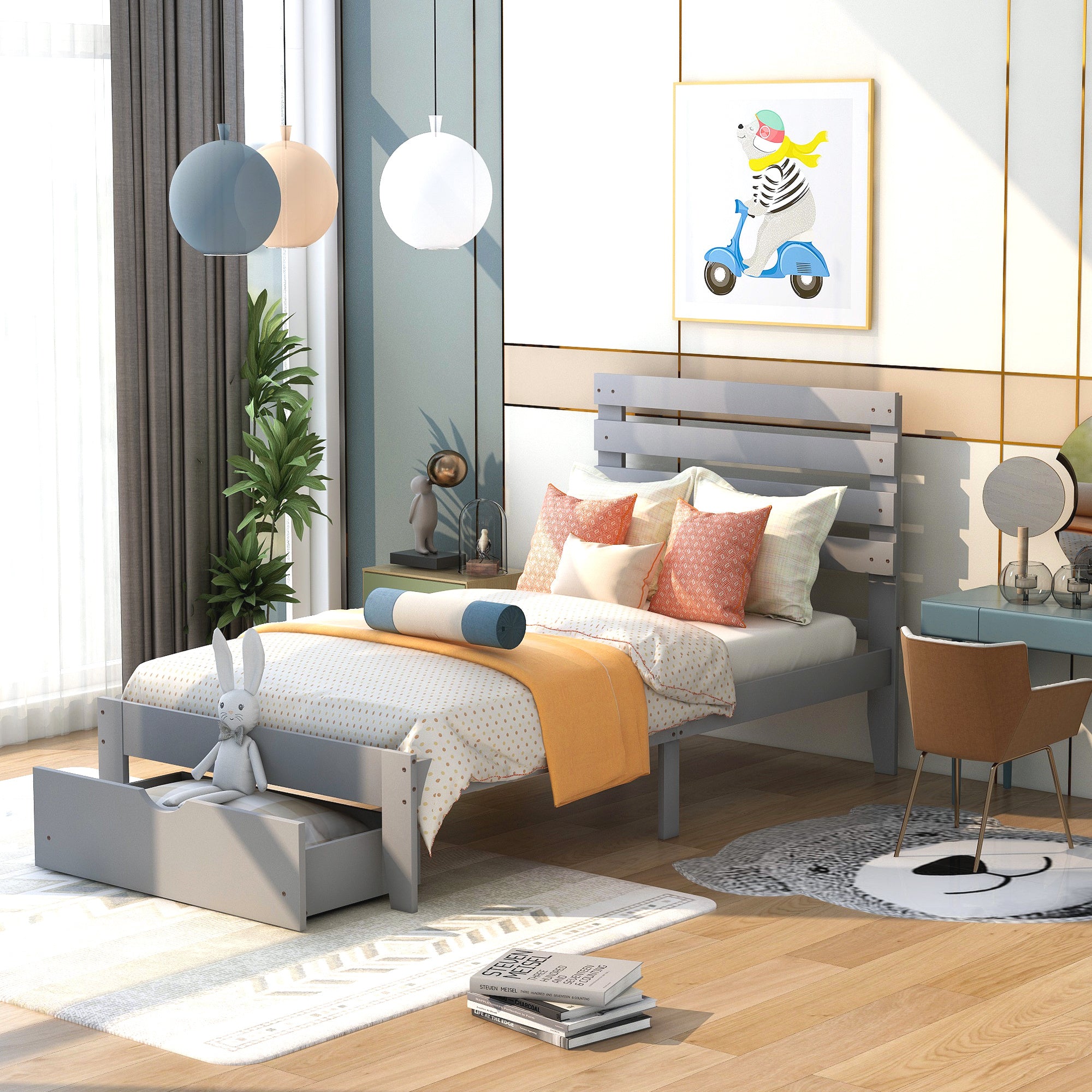 Twin Size Platform Bed with Drawer - Gray