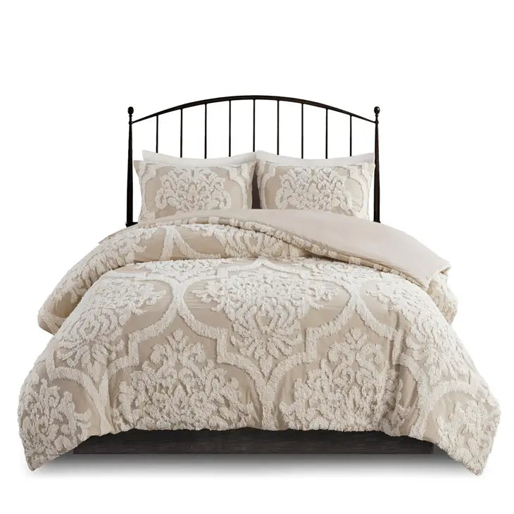 Tufted Chenille Damask Comforter/Duvet Cover Mini Set, Taupe