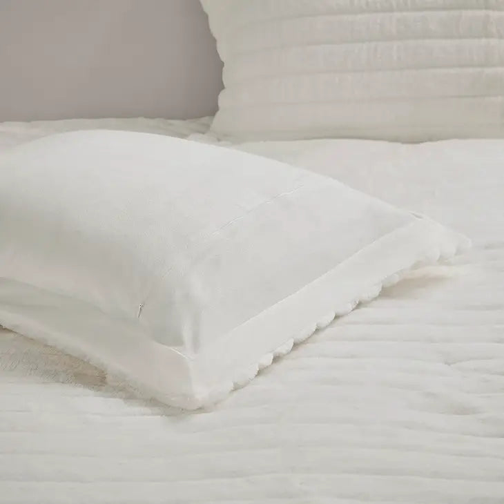 Striped Faux Fur Plush Comforter Mini Set, Ivory
