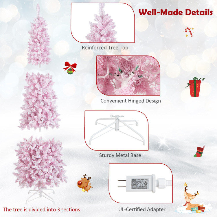 7 Feet Pre-Lit Snow Flocked Hinged Pencil Christmas Tree with 300 Lights and 8 Modes