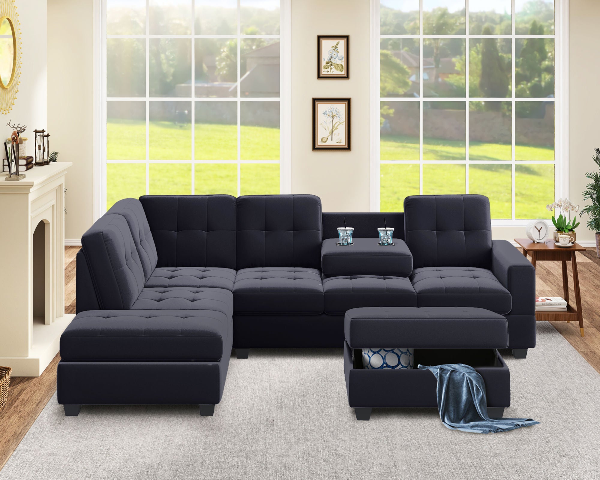 Modern Sectional Sofa with Reversible Chaise; L Shaped Couch Set with Storage Ottoman and Two Cup Holders for Living Room