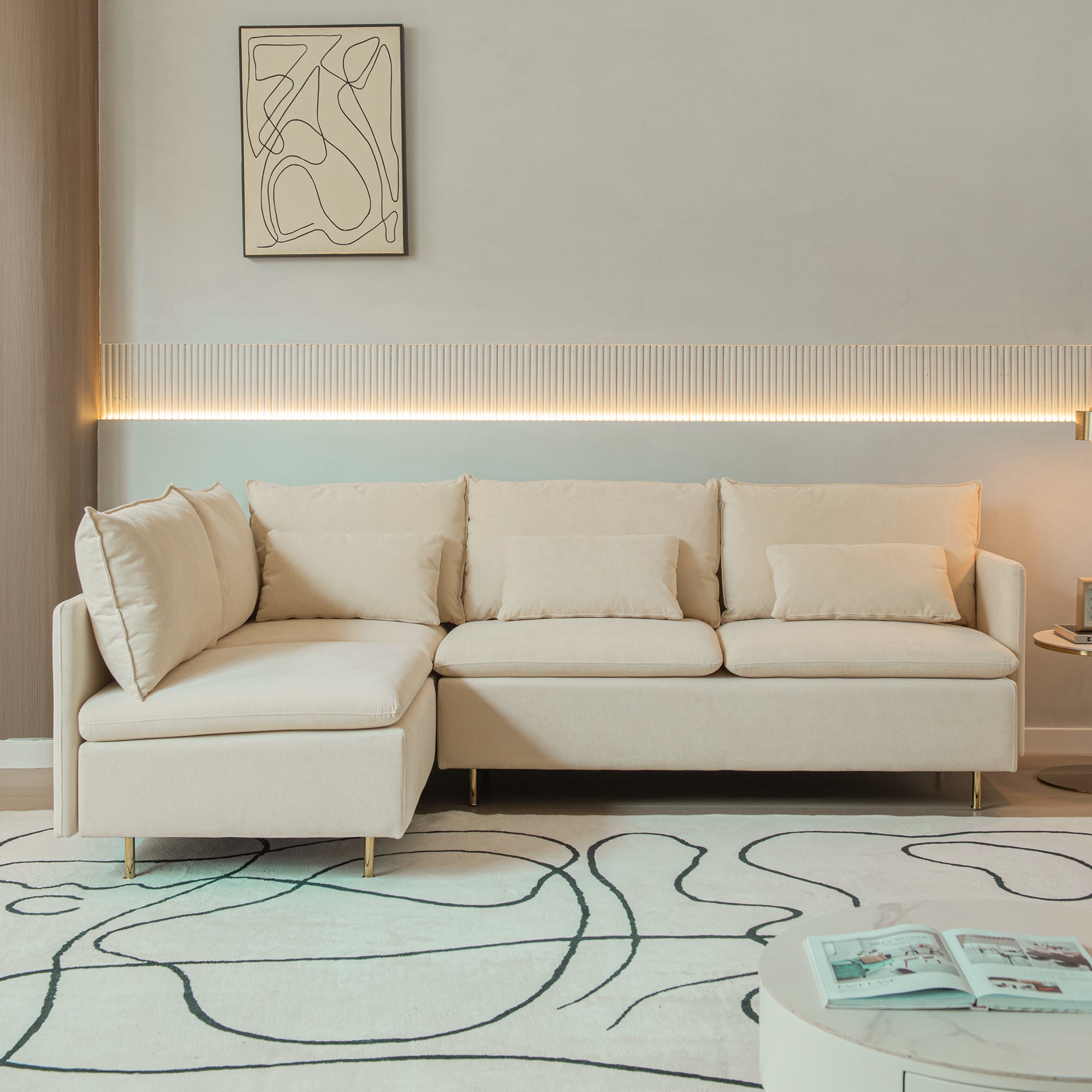 Modular L-shaped Corner sofa ; Left Hand Facing Sectional Couch; Beige Cotton Linen-90.9''