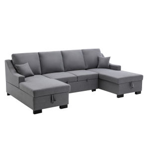 Upholstery Sleeper Sectional Sofa with Double Storage Spaces 2 Tossing Cushions - Grey