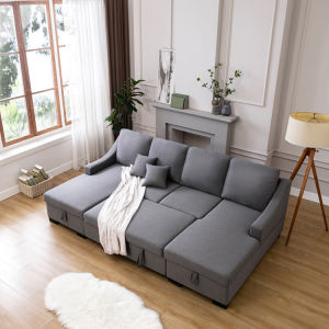 Upholstery Sleeper Sectional Sofa with Double Storage Spaces 2 Tossing Cushions - Grey