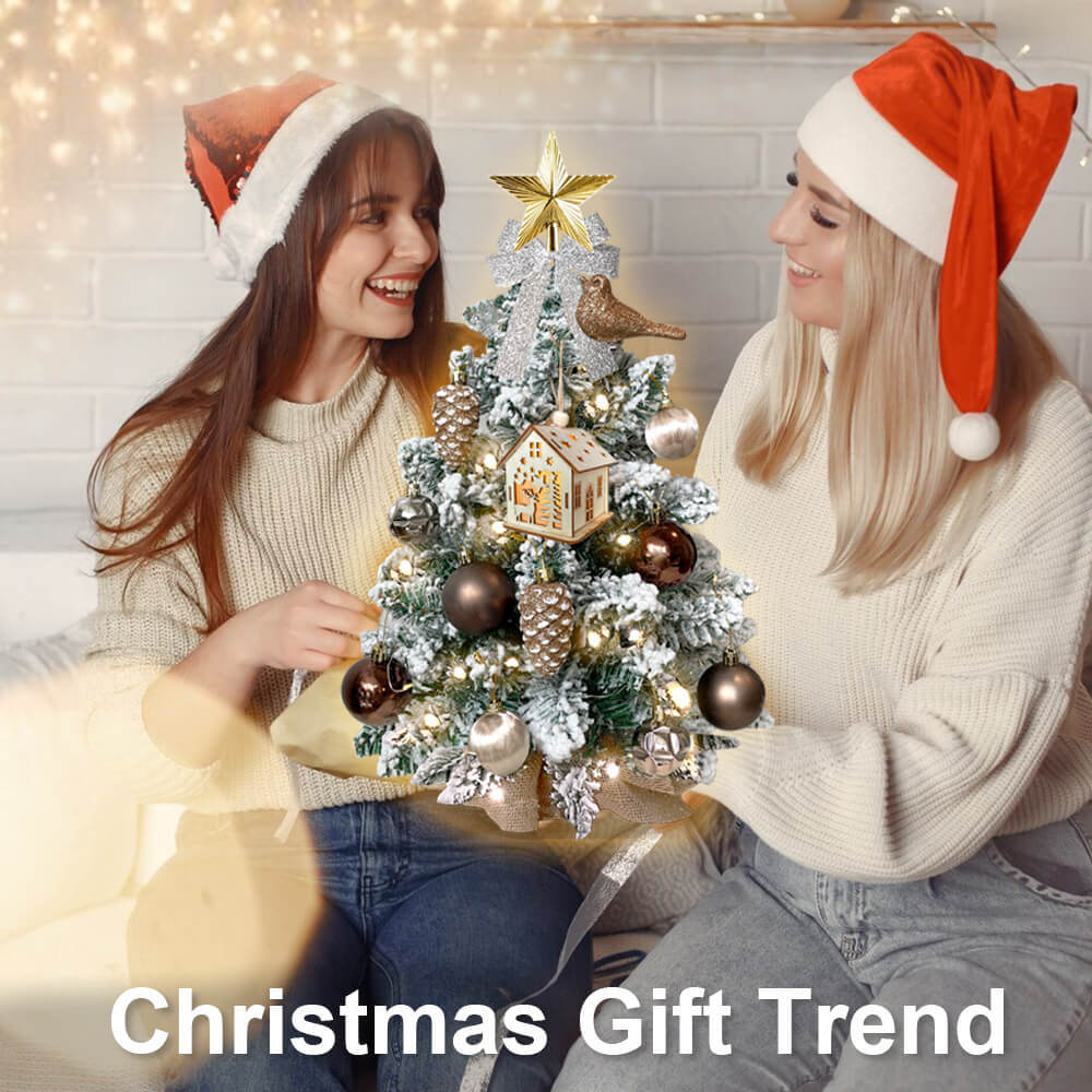 2ft Mini Christmas Tree with Light Tabletop Woodland Christmas Decoration with Flocked Snow