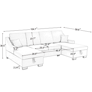 Upholstery Sleeper Sectional Sofa with Double Storage Spaces 2 Tossing Cushions - Grey
