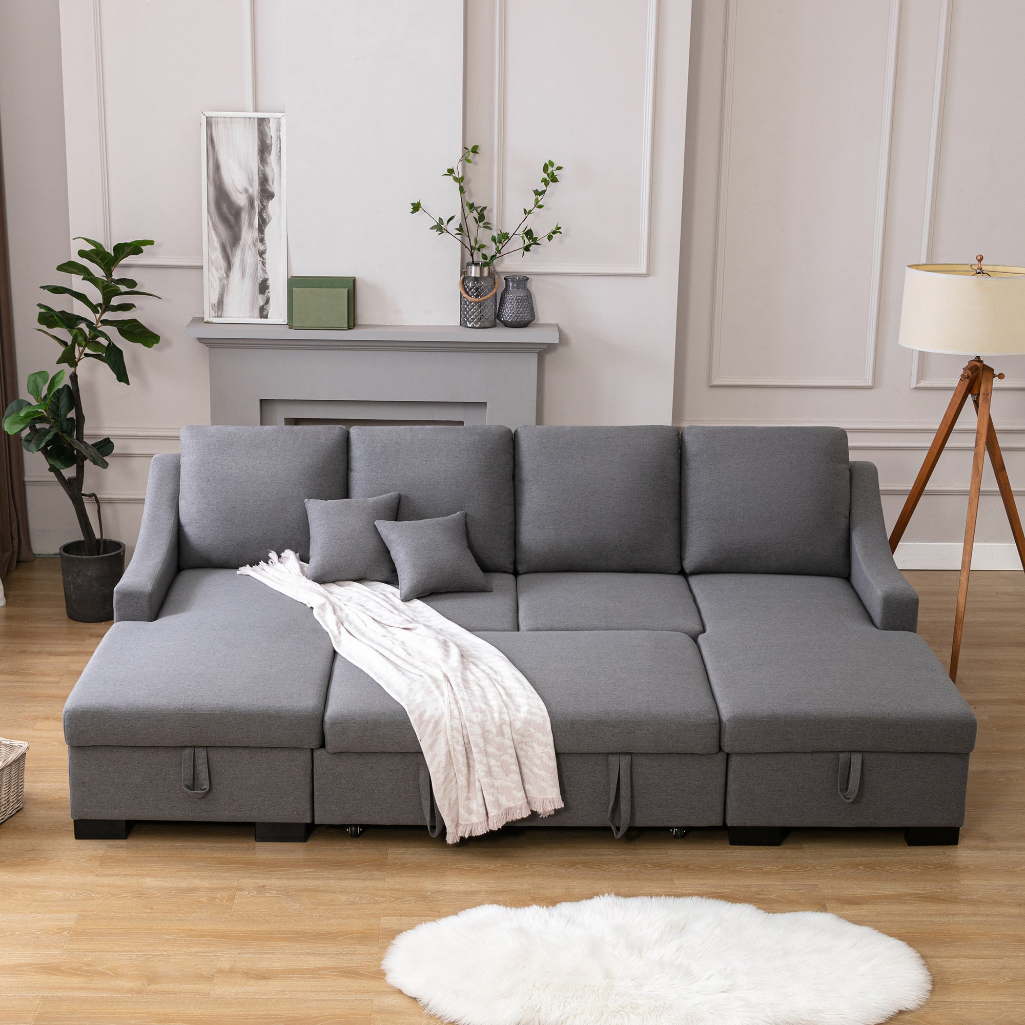 Upholstery Sleeper Sectional Sofa with Double Storage Spaces; 2 Tossing Cushions