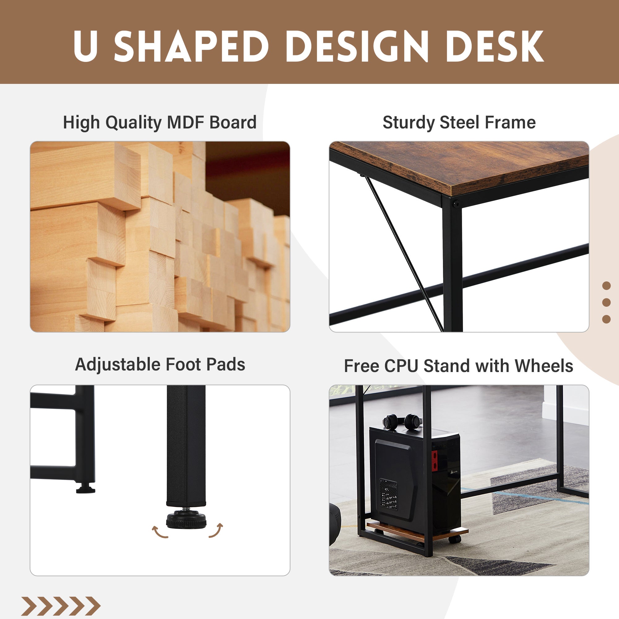 U-shaped Computer Desk - Industrial Corner Writing Desk with CPU Stand