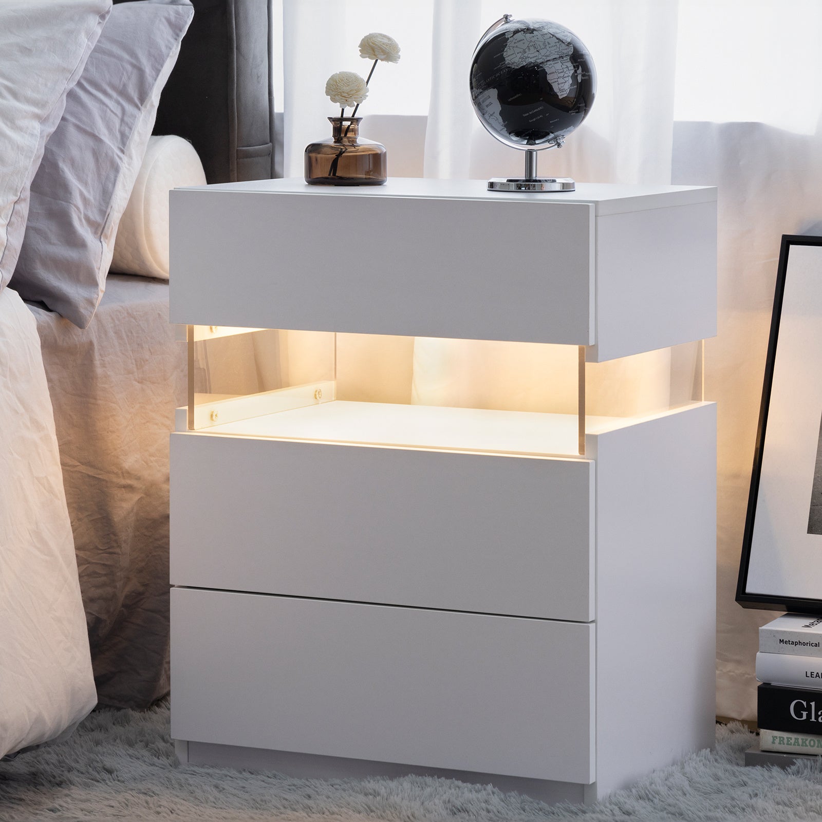 LED Nightstand 3 Drawer Dresser for Bedroom End Table with Acrylic (White)