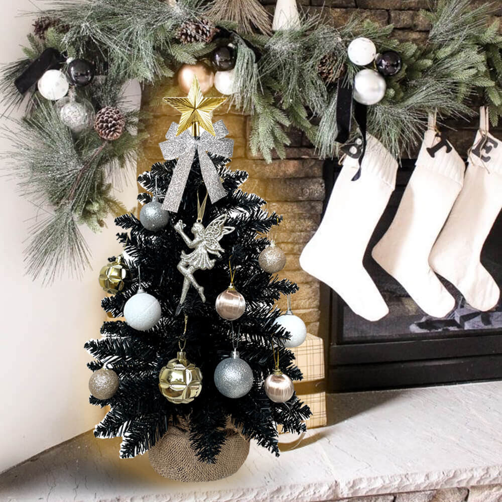2ft Mini Christmas Tree with Light Tabletop Black Christmas Decoration with Flocked Snow