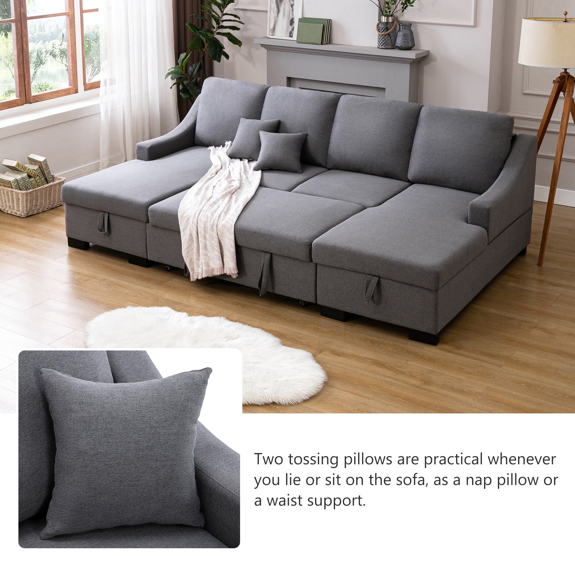 Upholstery Sleeper Sectional Sofa with Double Storage Spaces; 2 Tossing Cushions