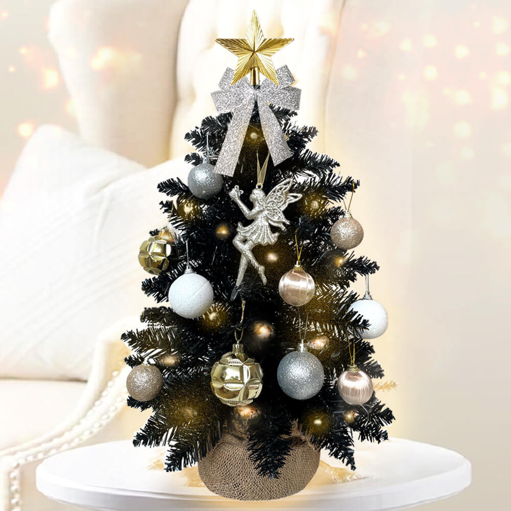 2ft Mini Christmas Tree with Light Tabletop Black Christmas Decoration with Flocked Snow