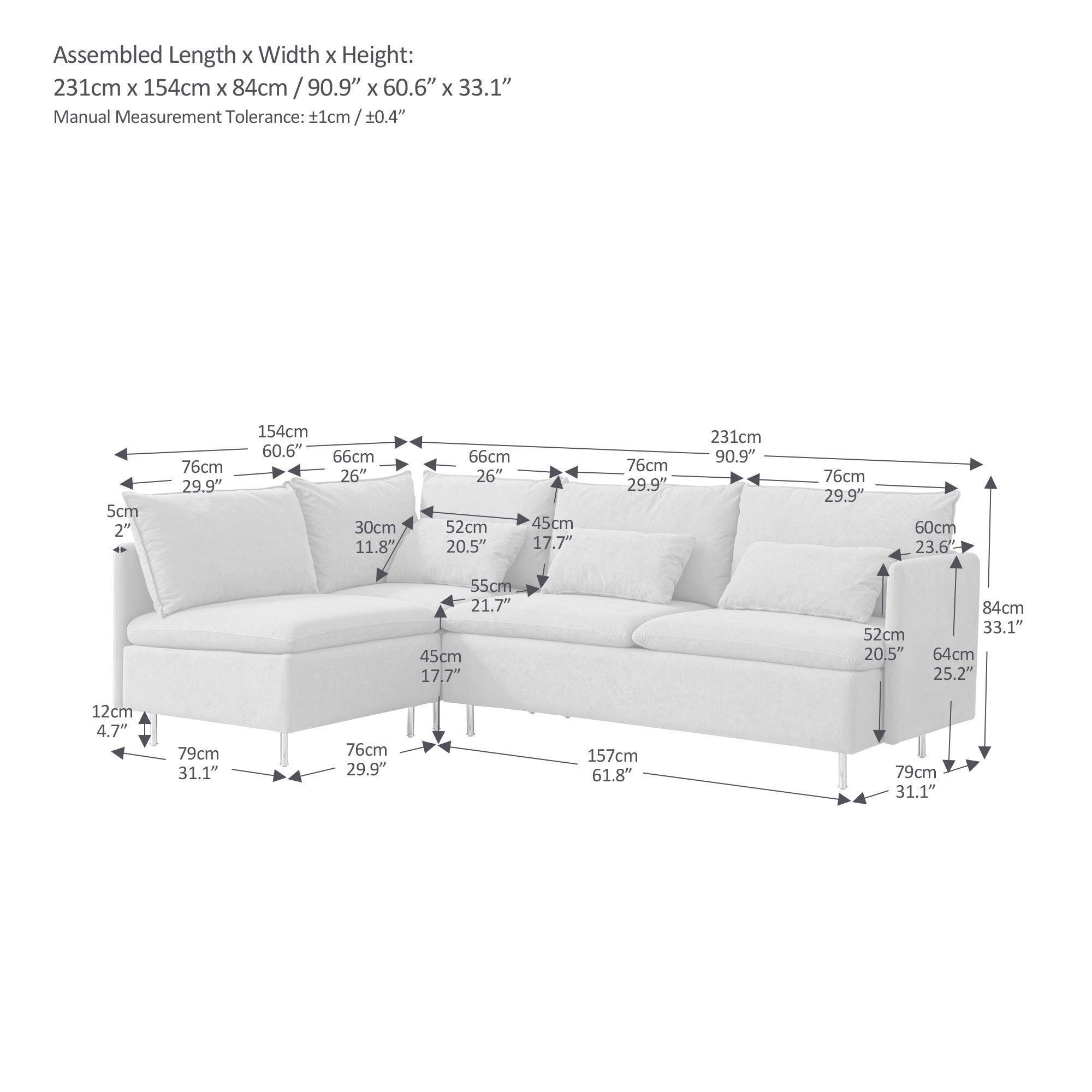 Modular L-shaped Corner sofa ; Left Hand Facing Sectional Couch; Beige Cotton Linen-90.9''