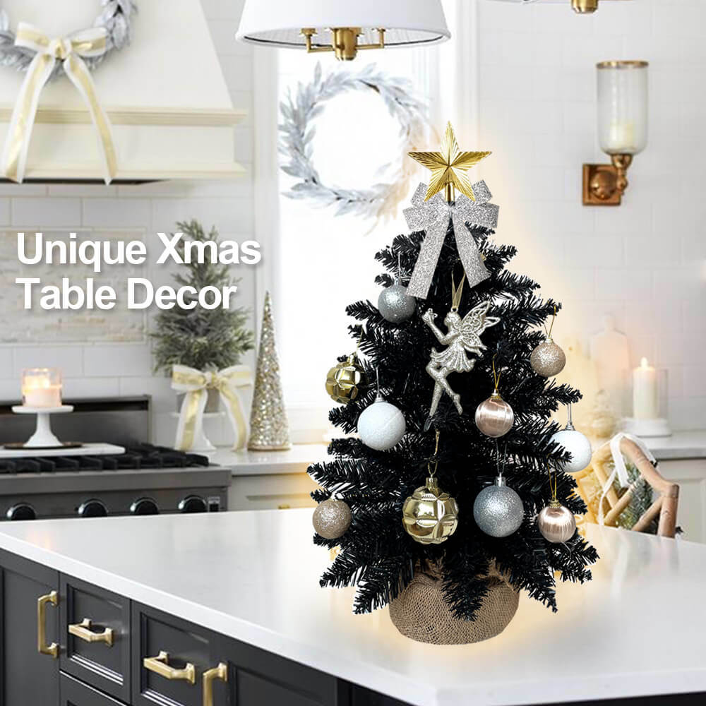 2ft Mini Christmas Tree with Light Tabletop Black Christmas Decoration with Flocked Snow