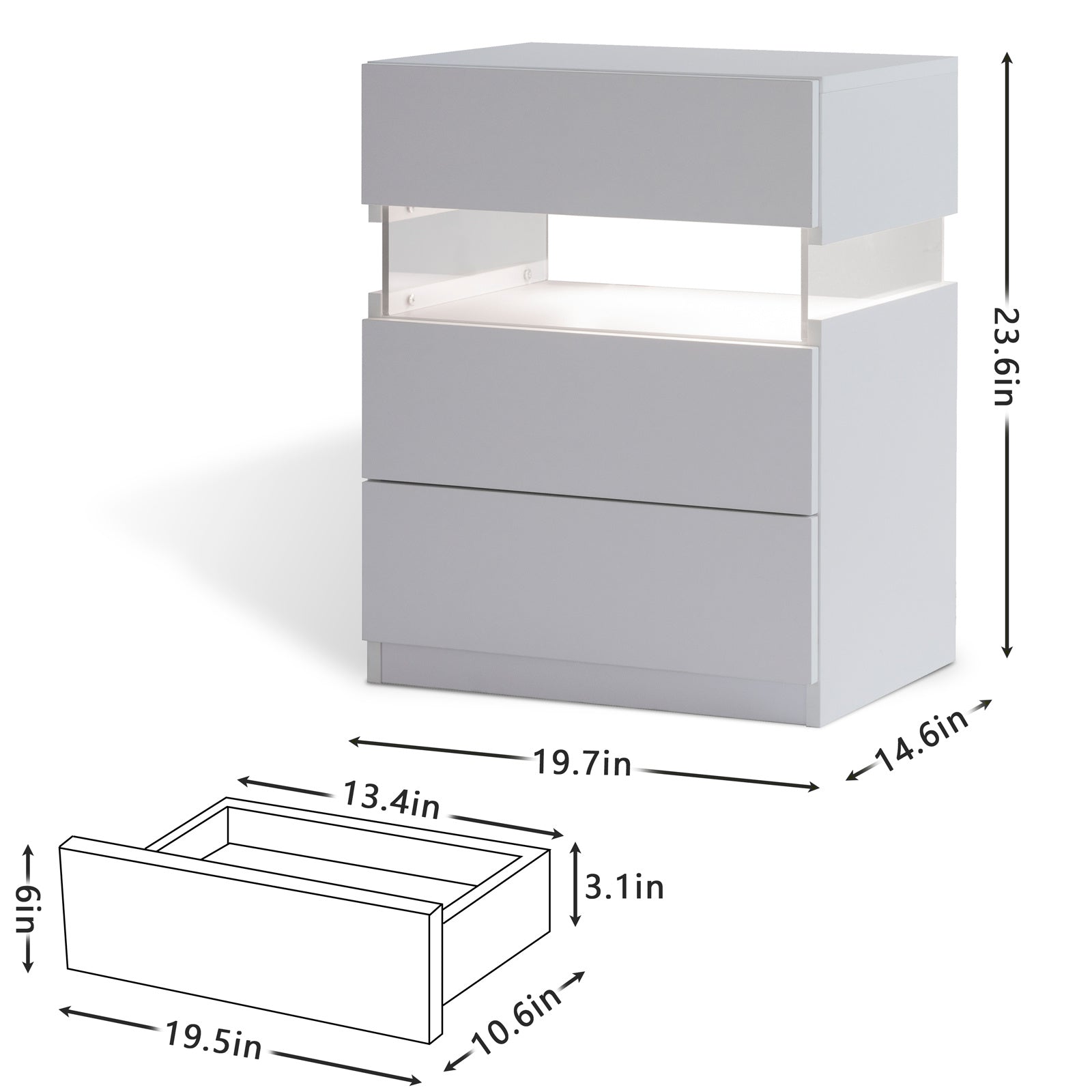 LED Nightstand 3 Drawer Dresser for Bedroom End Table with Acrylic (White)